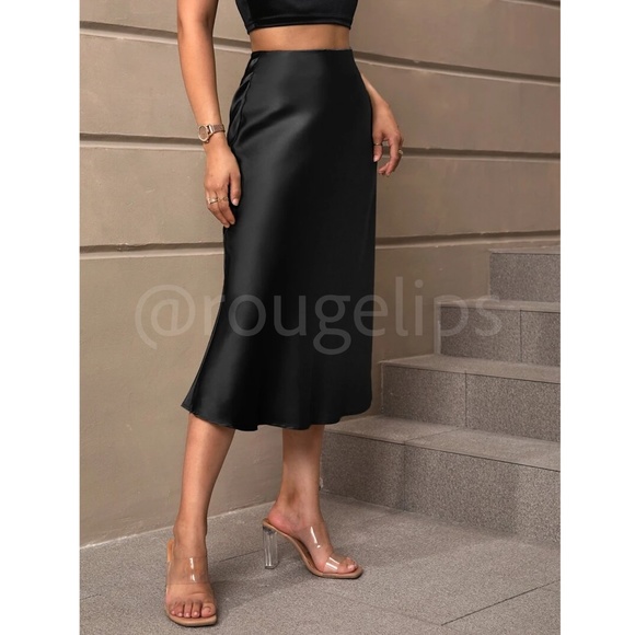 Black Satin A-Line Skirt High Waisted Midi - Picture 3 of 7